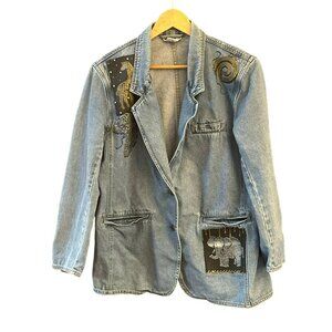 Vintage Haiks Handpainted Animal Patchwork Denim Jacket 1990s Y2K Long Sleeves